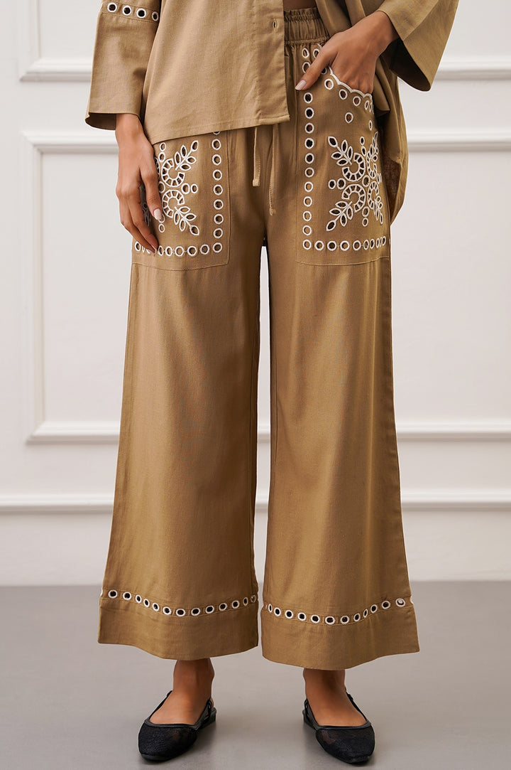 TAUPE EMBROIDERED OPEN WORK WIDE LEG PANTS