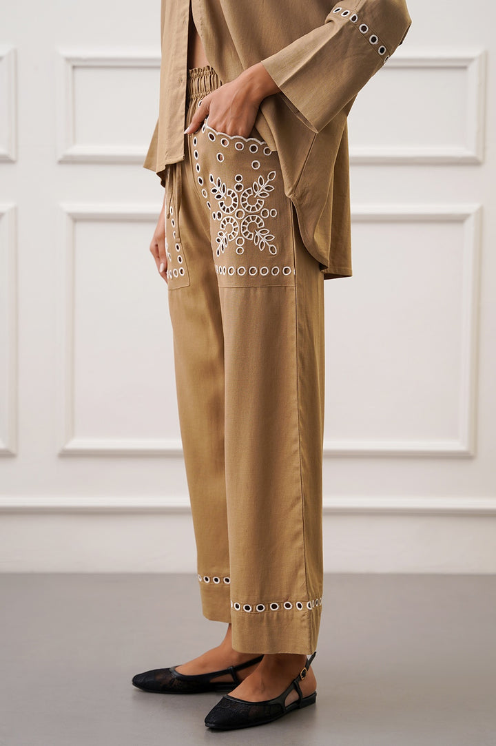 TAUPE EMBROIDERED OPEN WORK WIDE LEG PANTS