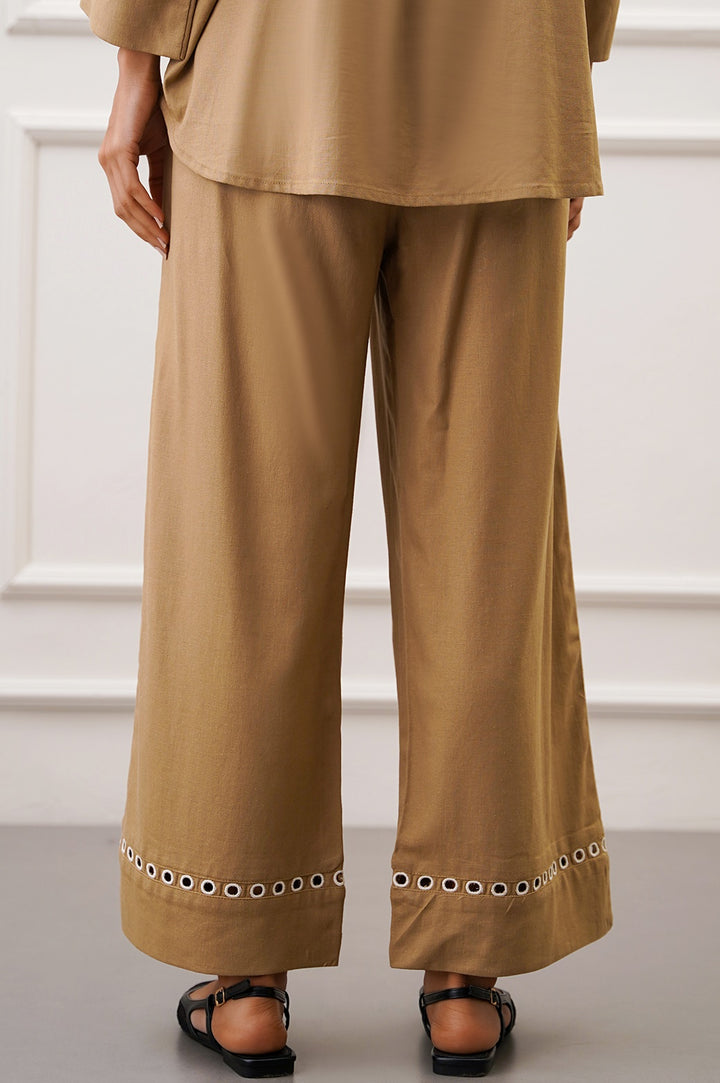 TAUPE EMBROIDERED OPEN WORK WIDE LEG PANTS