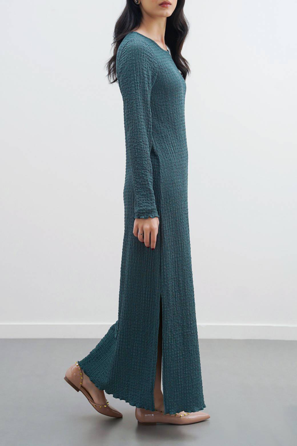 GREEN CREASED LONG DRESS