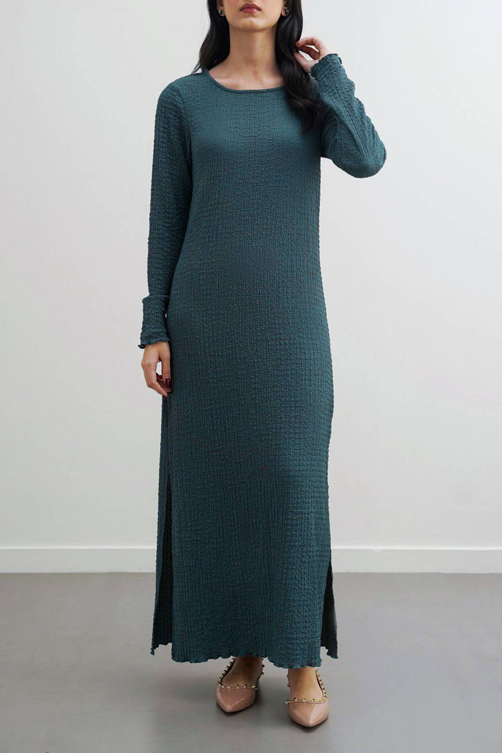 GREEN CREASED LONG DRESS