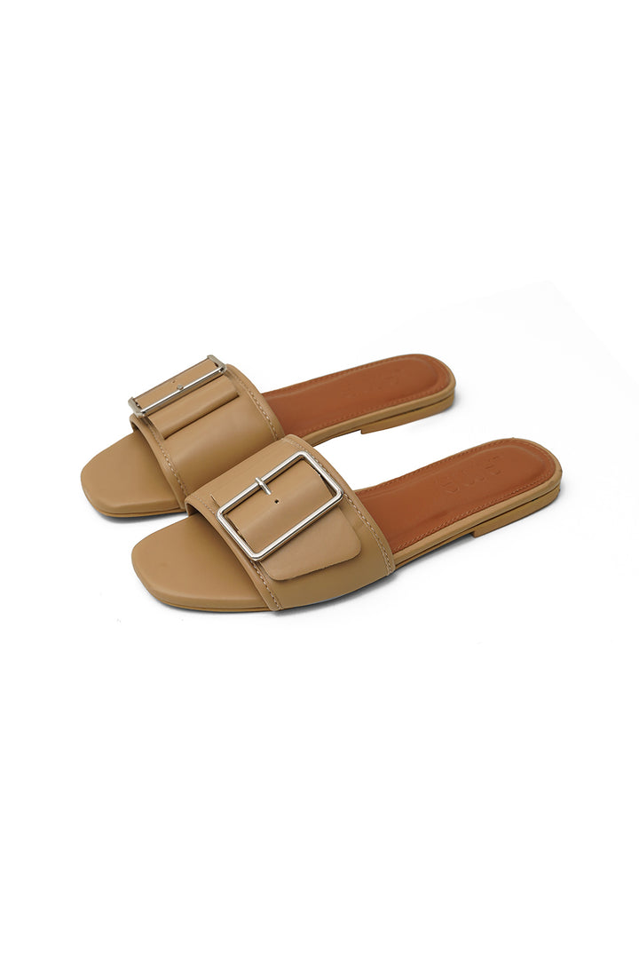 TAN EMILE BUCKLE SLIDES