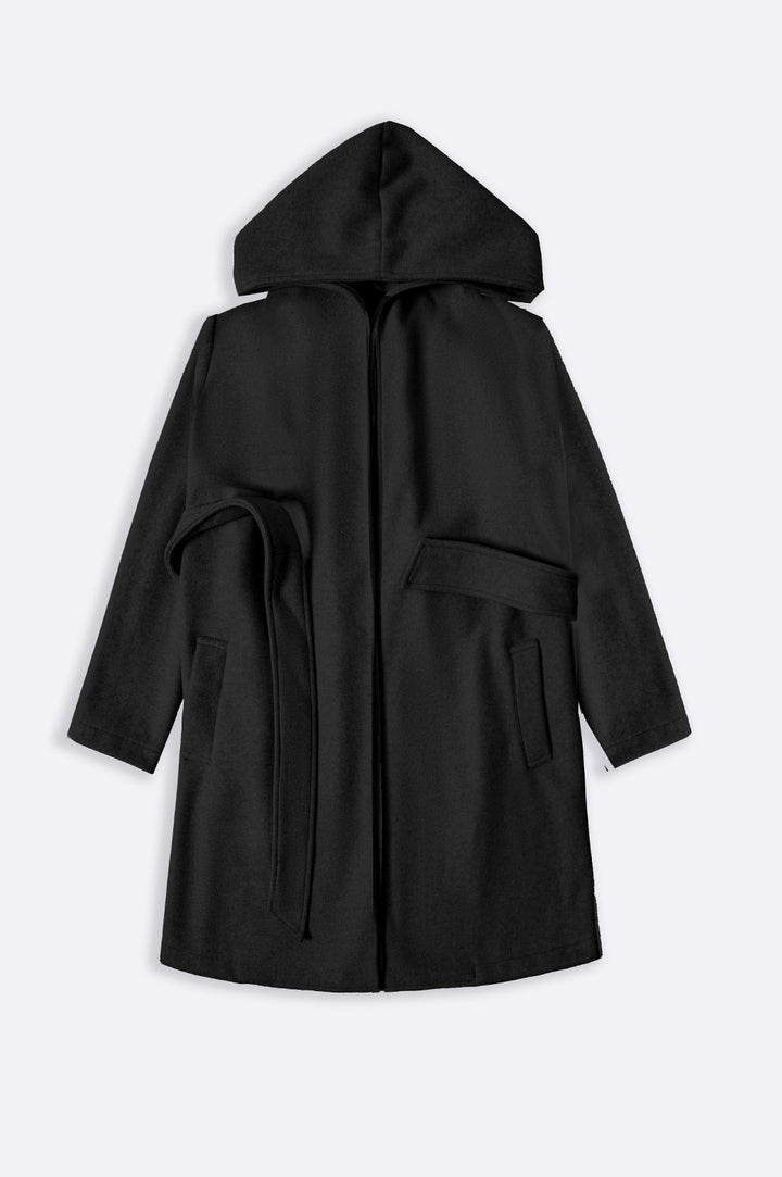 BLACK MIDI COAT WITH HOOD