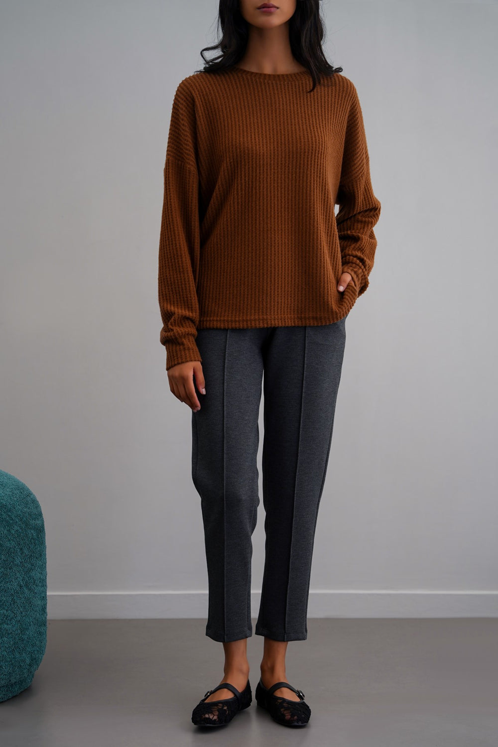 CAMEL WAFFLE KNIT TOP