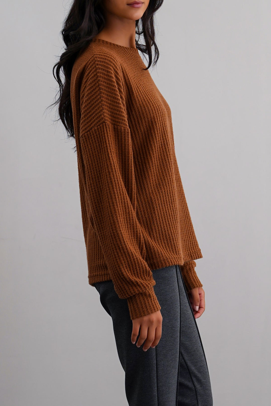 CAMEL WAFFLE KNIT TOP