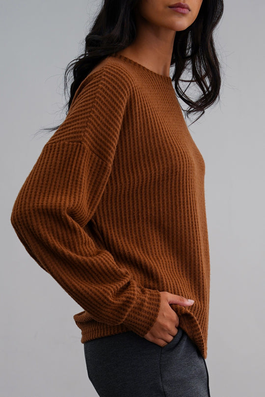 CAMEL WAFFLE KNIT TOP