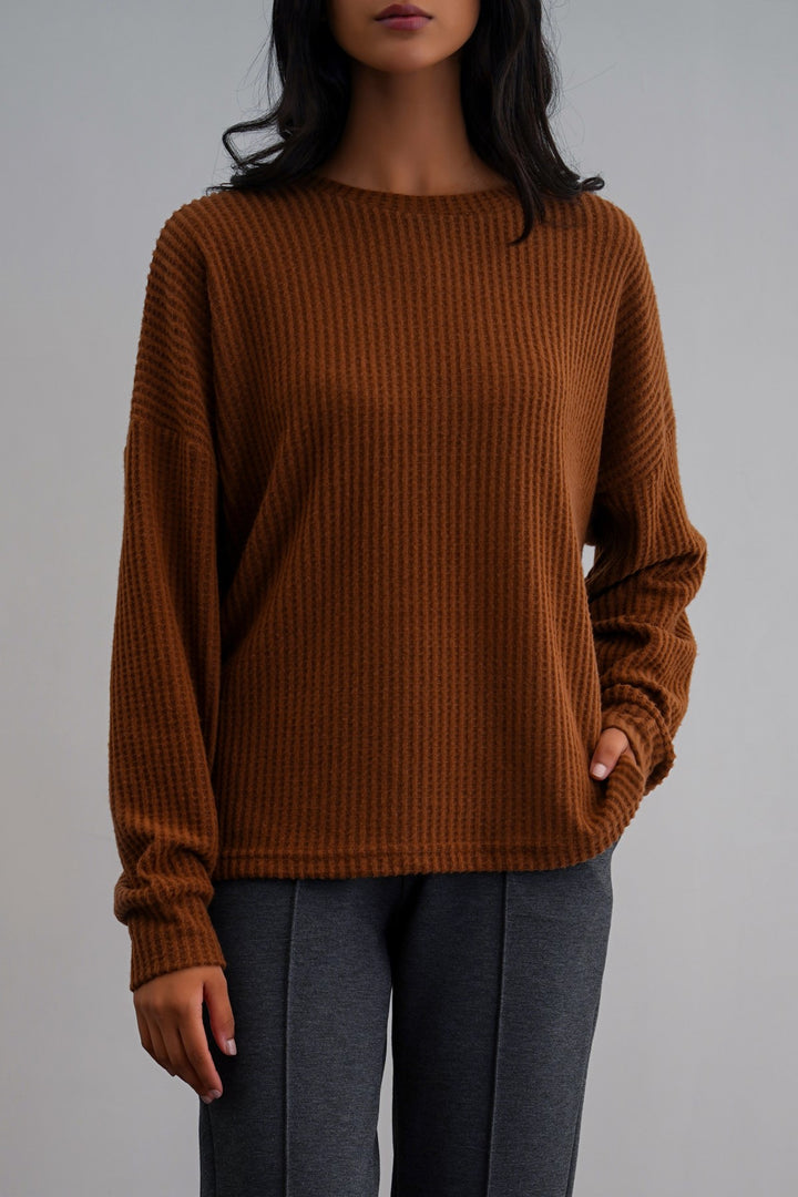 CAMEL WAFFLE KNIT TOP
