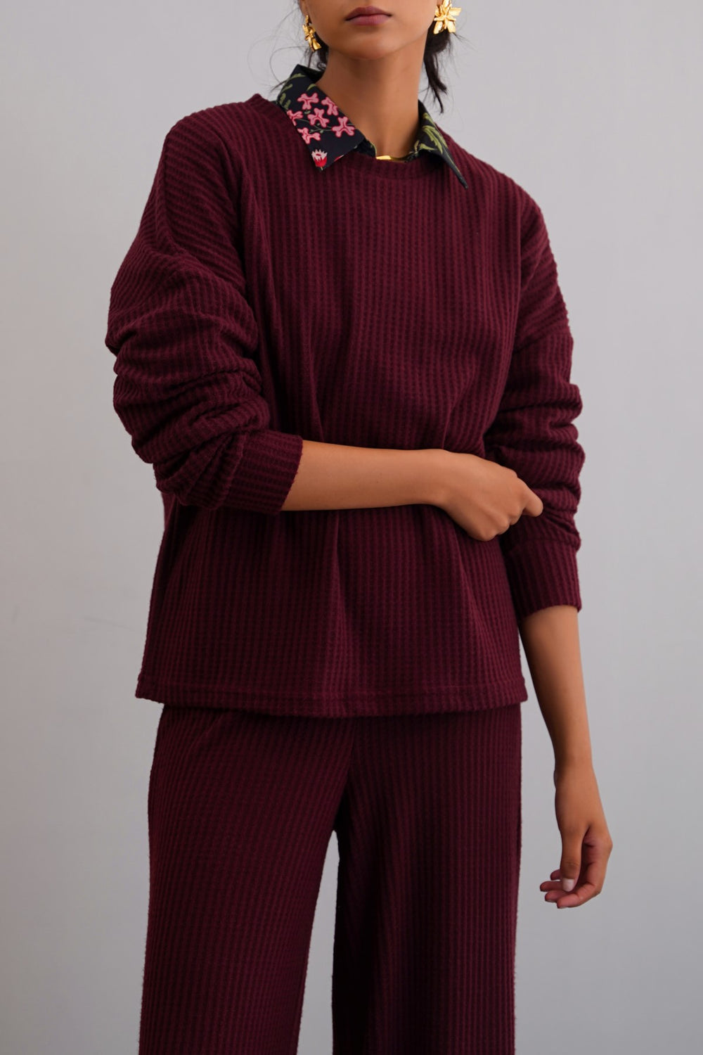 WINE WAFFLE KNIT TOP