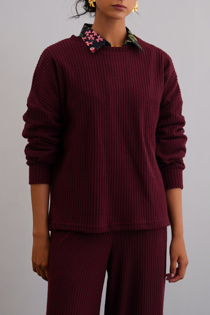 WINE WAFFLE KNIT TOP