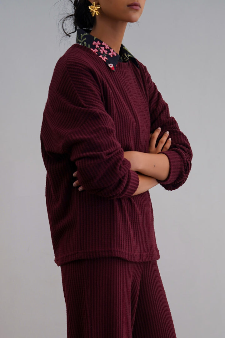 WINE WAFFLE KNIT TOP
