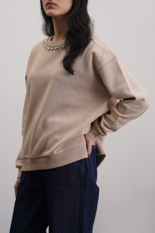 BEIGE COMFY BEADED SWEATSHIRT