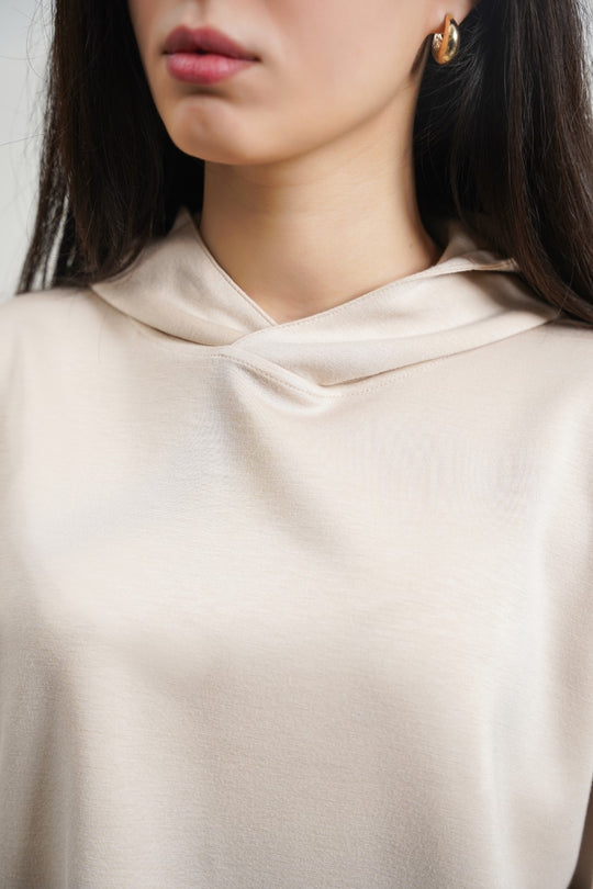 BEIGE CROPPED NEOPRENE HOODIE