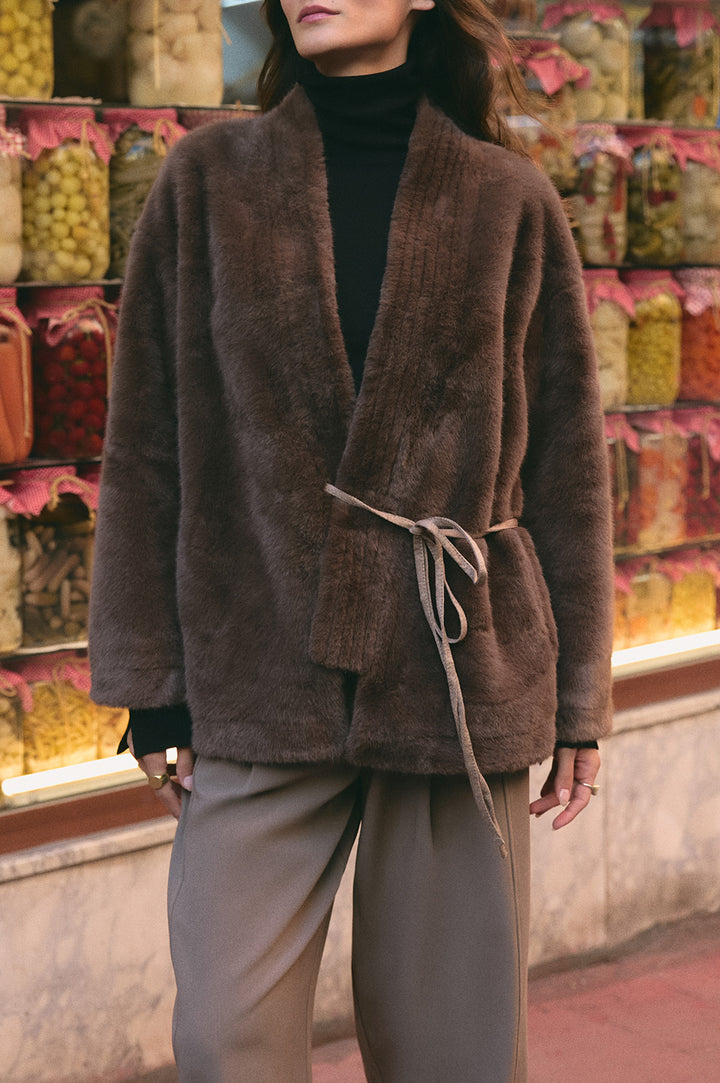 BROWN LUXE FUR WRAP COAT