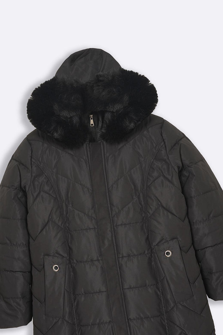 BLACK CURVE HOODED PUFFER JACKET