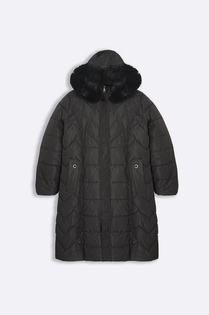 BLACK CURVE HOODED PUFFER JACKET