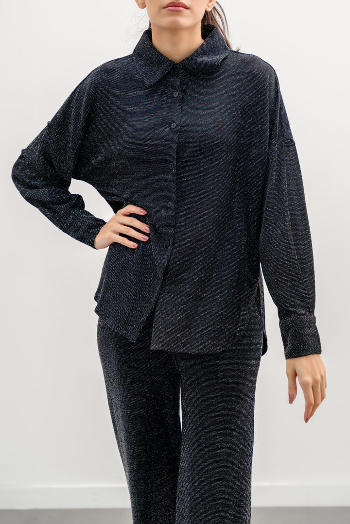 BLACK SPARKLY PARTY BUTTON-DOWN SHIRT