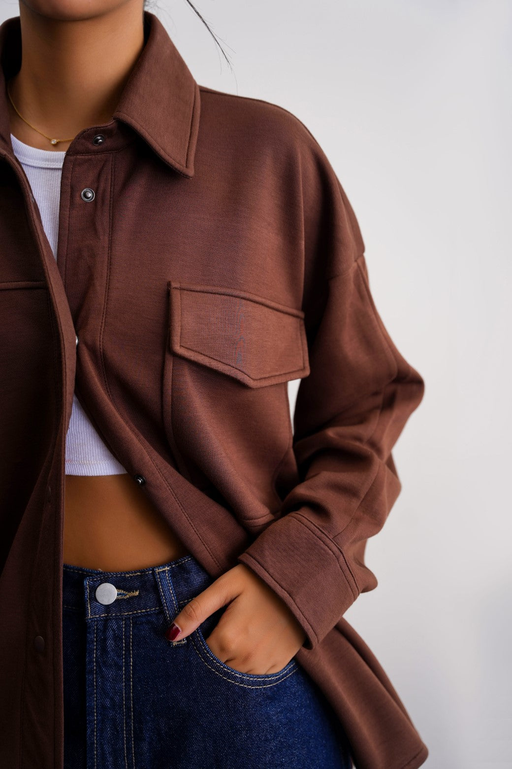 BROWN NEOPRENE BOYFRIEND SHACKET