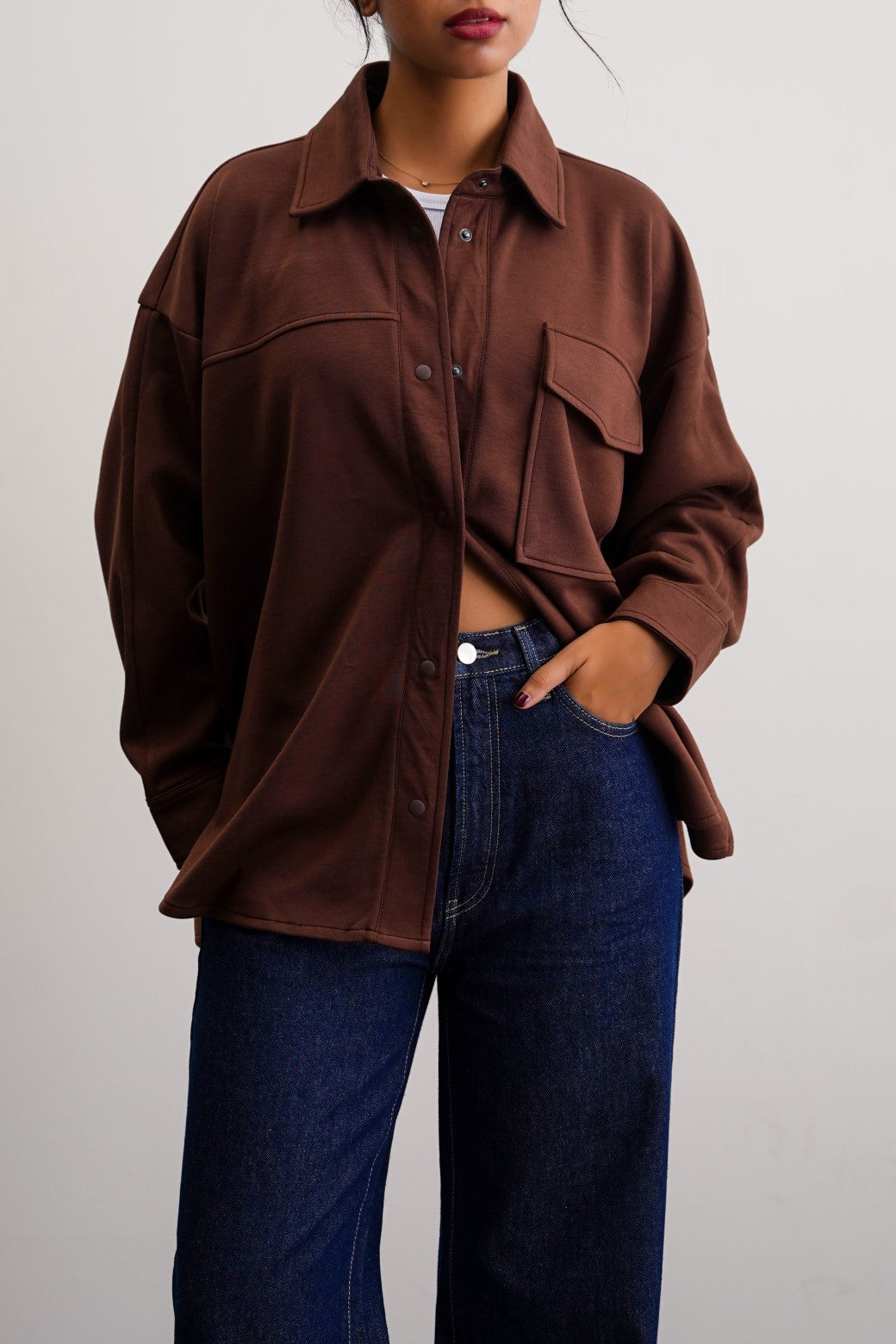 BROWN NEOPRENE BOYFRIEND SHACKET