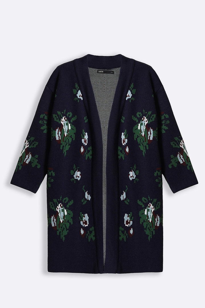 DARK NAVY ROSES JACQUARD CARDIGAN