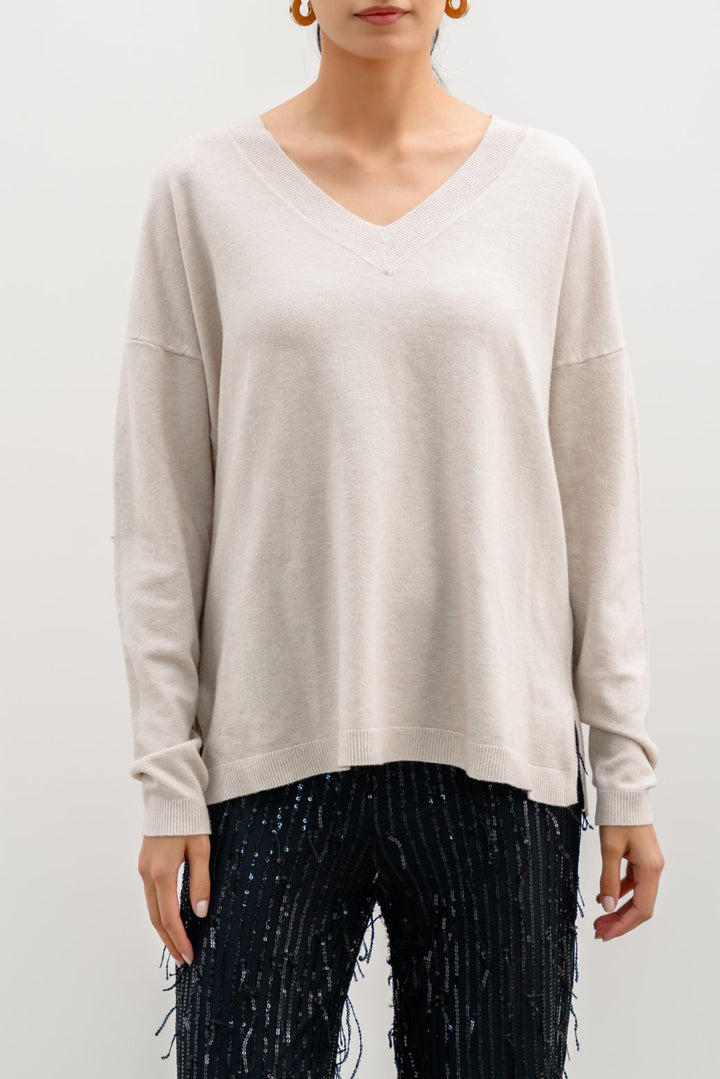 BEIGE HOMEBODY V-NECK SWEATER