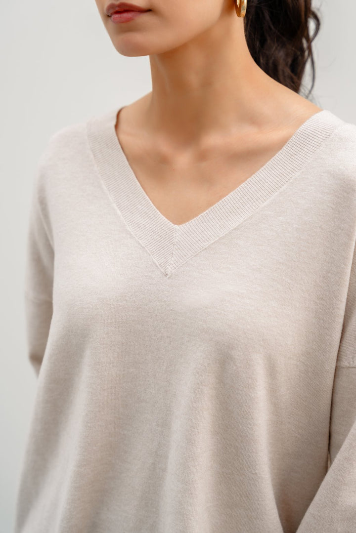 BEIGE HOMEBODY V-NECK SWEATER