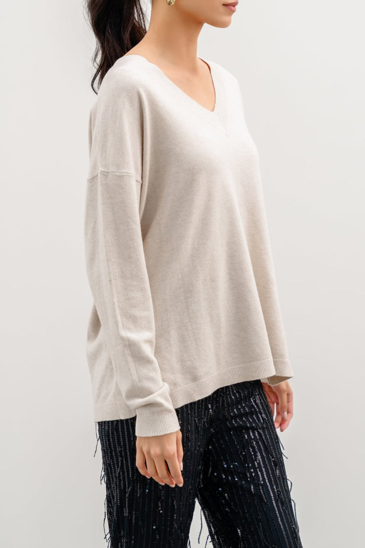 BEIGE HOMEBODY V-NECK SWEATER