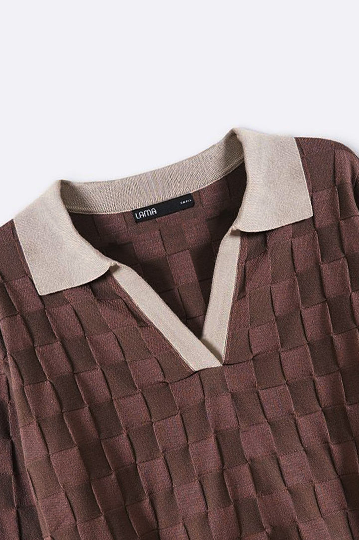 BROWN CHECKERED KNIT POLO