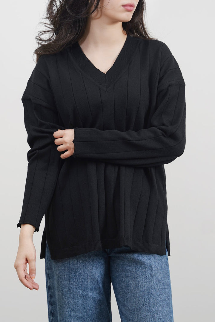 BLACK SOFT RIB-KNIT JUMPER