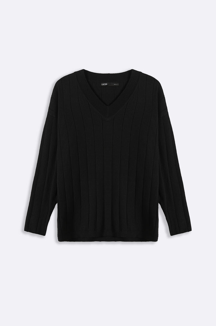 BLACK SOFT RIB-KNIT JUMPER