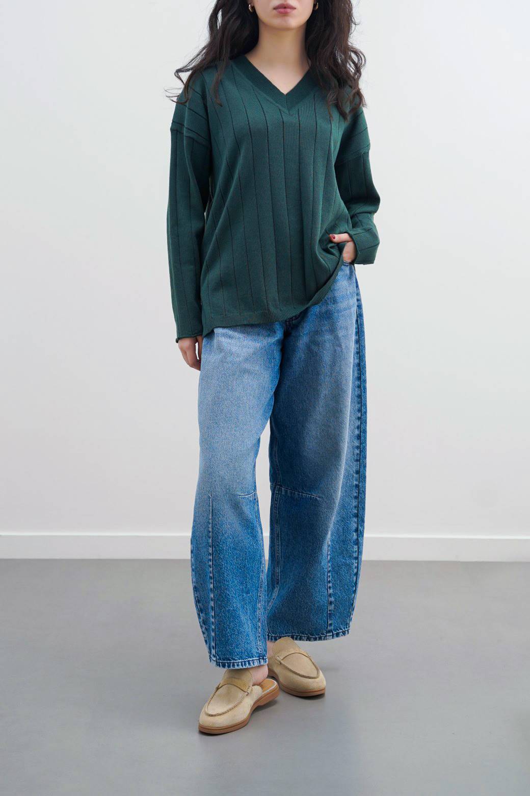 GREEN SOFT RIB-KNIT JUMPER