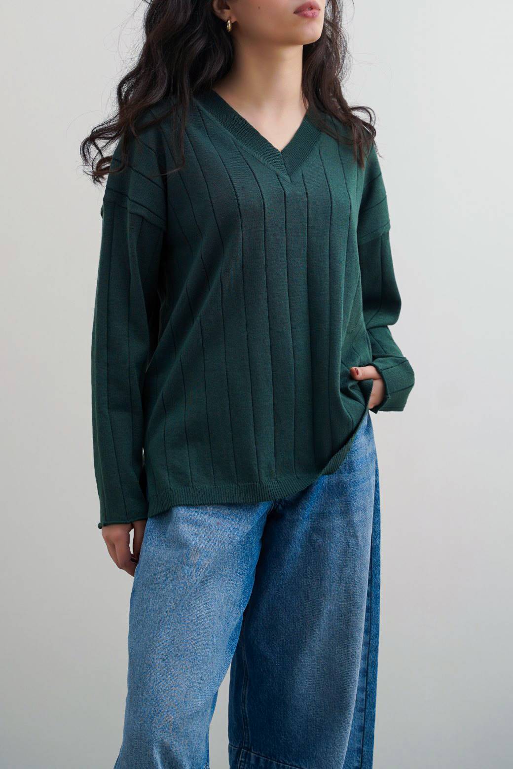 GREEN SOFT RIB-KNIT JUMPER