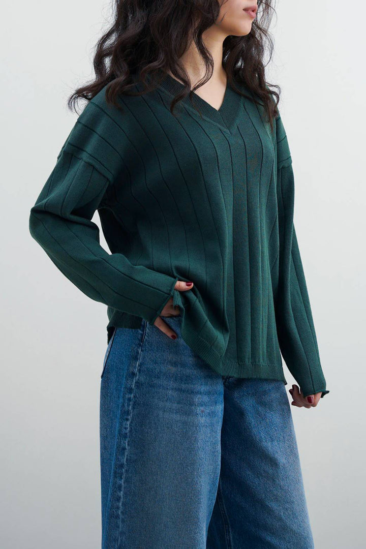 GREEN SOFT RIB-KNIT JUMPER