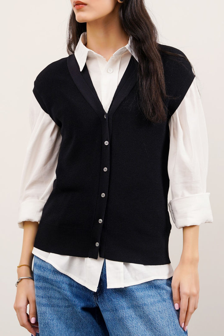 SLEEVELESS NEEDLE KNIT CARDIGAN