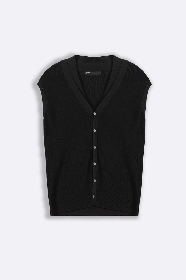 BLACK SLEEVELESS NEEDLE KNIT CARDIGAN