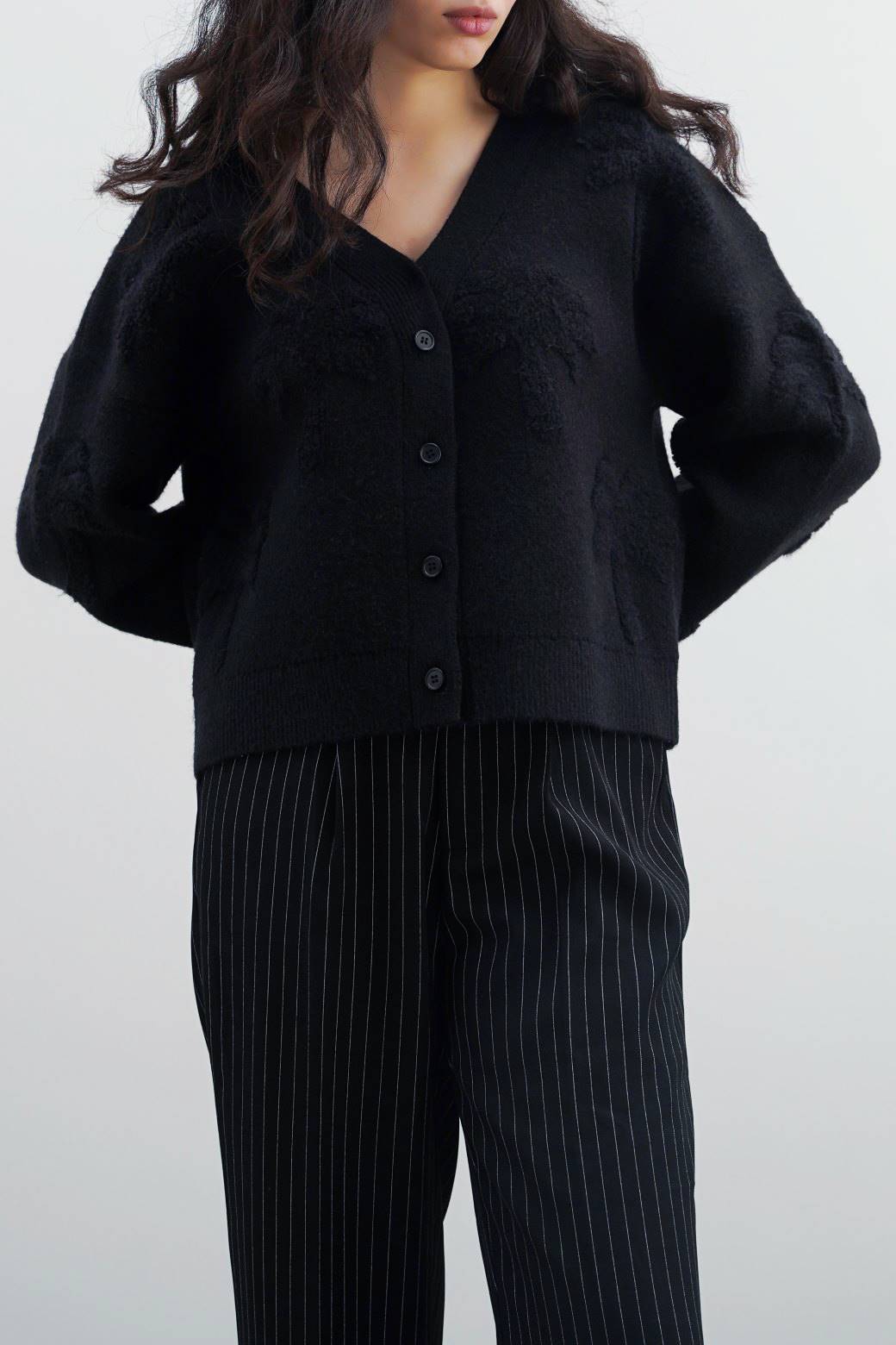 BLACK TEXTURED PALM CARDIGAN