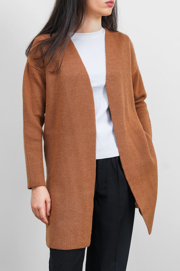 CAMEL LONG KNIT CARDIGAN