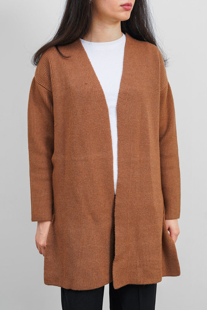 CAMEL LONG KNIT CARDIGAN