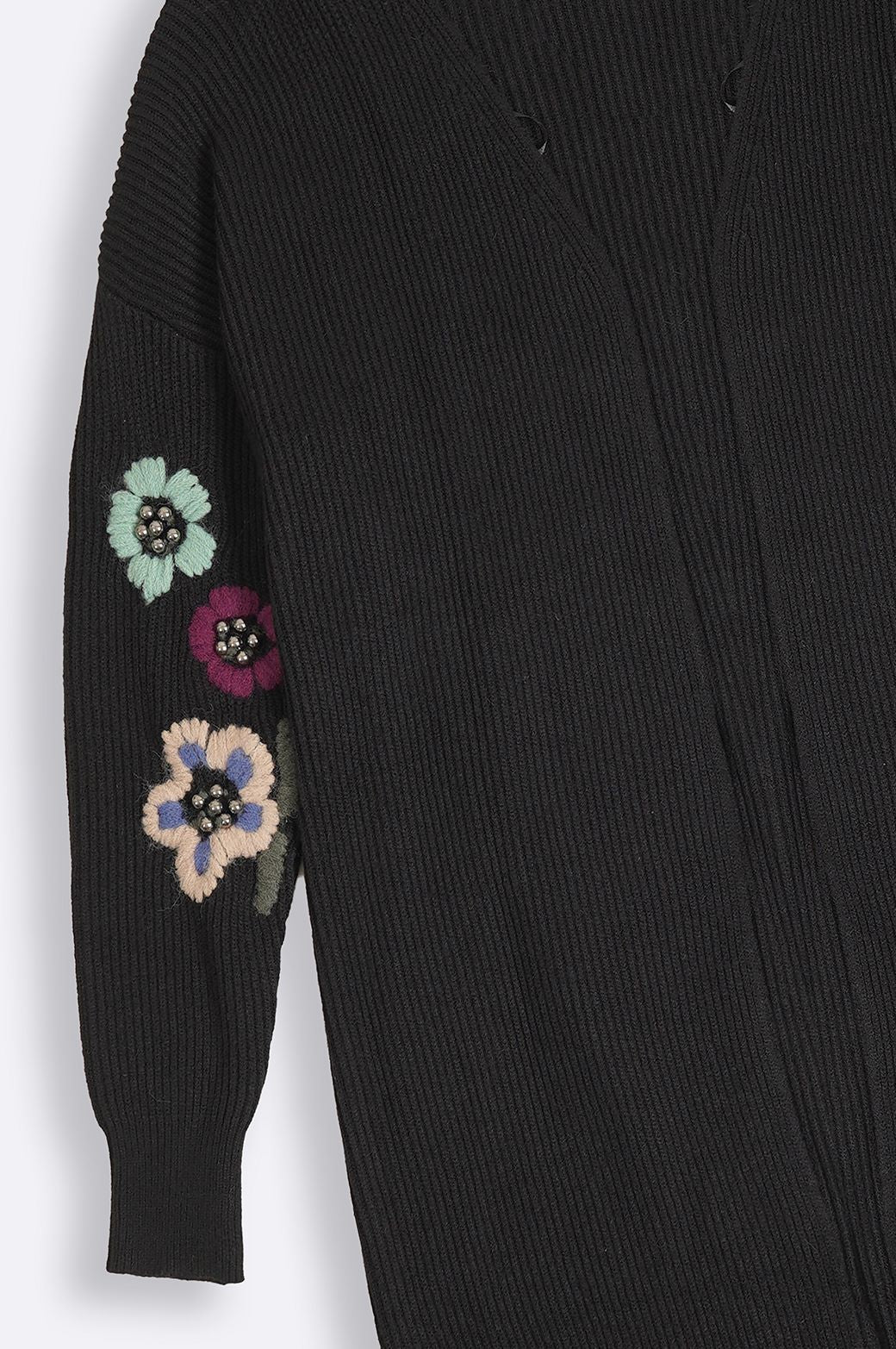 BLACK EXTRA LONG EMBROIDERED CARDIGAN