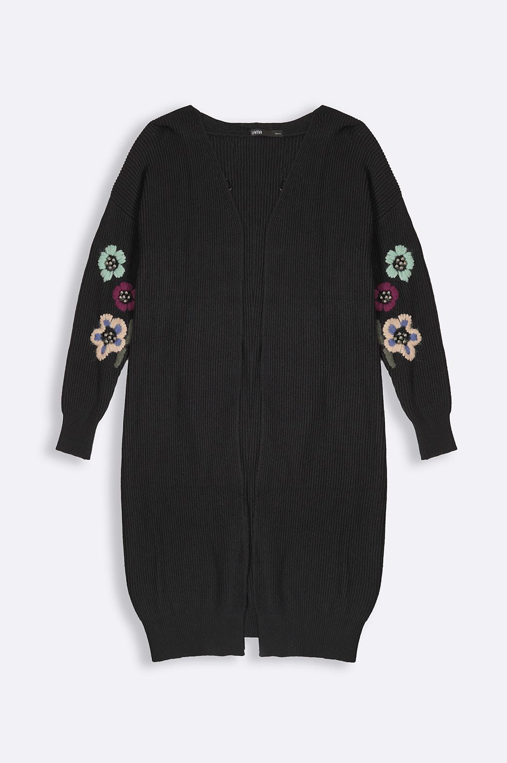 BLACK EXTRA LONG EMBROIDERED CARDIGAN