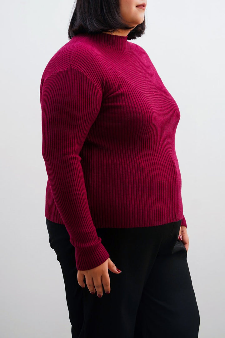 BURGUNDY CURVE RIBBED BODYCON SWEATER