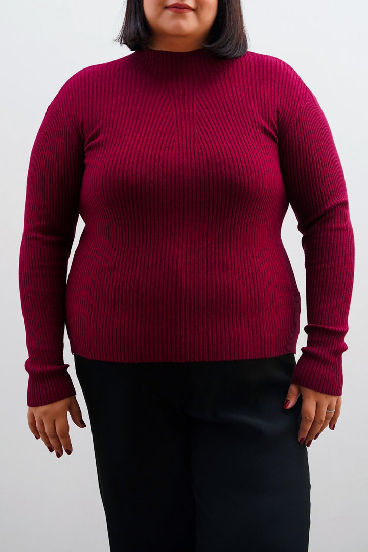 BURGUNDY CURVE RIBBED BODYCON SWEATER