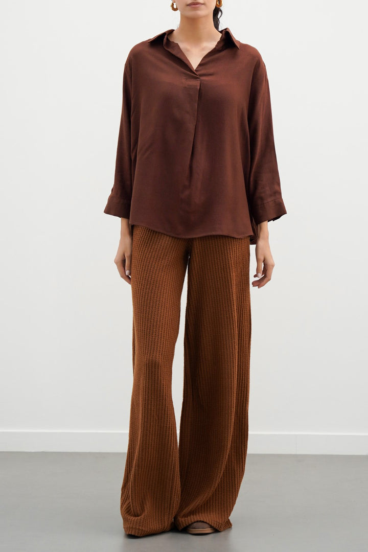 BROWN PLEATED BLOUSE