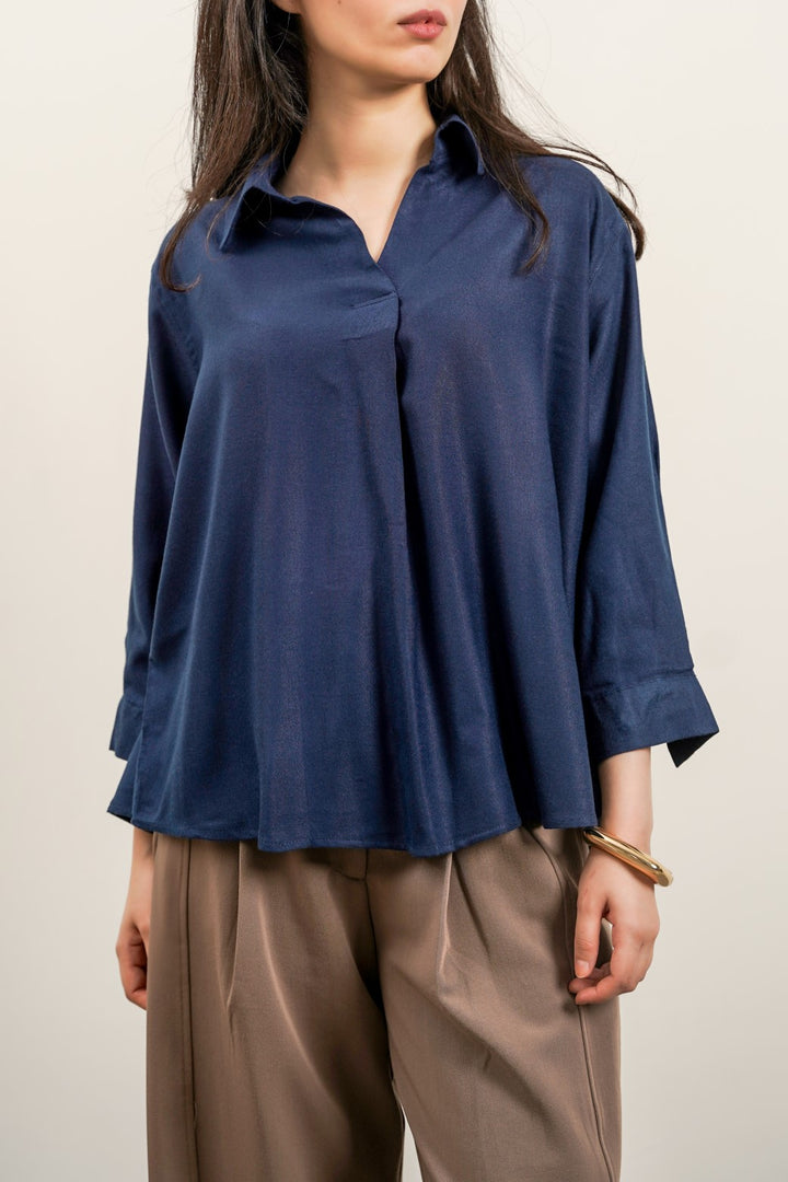 NAVY PLEATED BLOUSE