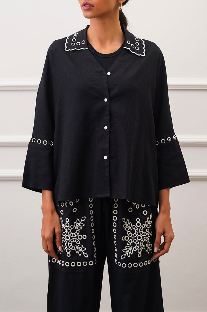 BLACK EMBROIDERED OPEN WORK BUTTON DOWN SHIRT