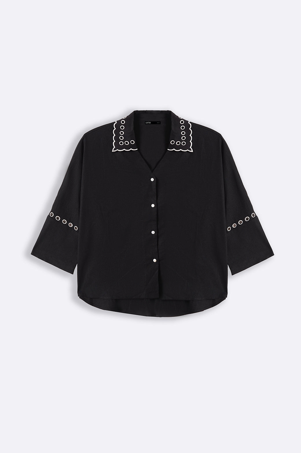 BLACK EMBROIDERED OPEN WORK BUTTON DOWN SHIRT