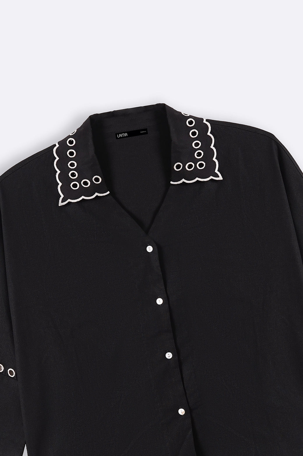 BLACK EMBROIDERED OPEN WORK BUTTON DOWN SHIRT