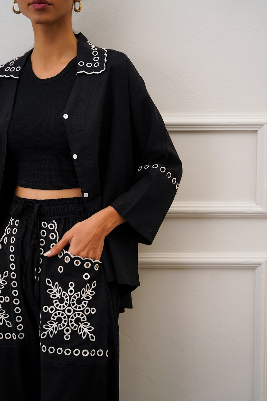 BLACK EMBROIDERED OPEN WORK BUTTON DOWN SHIRT