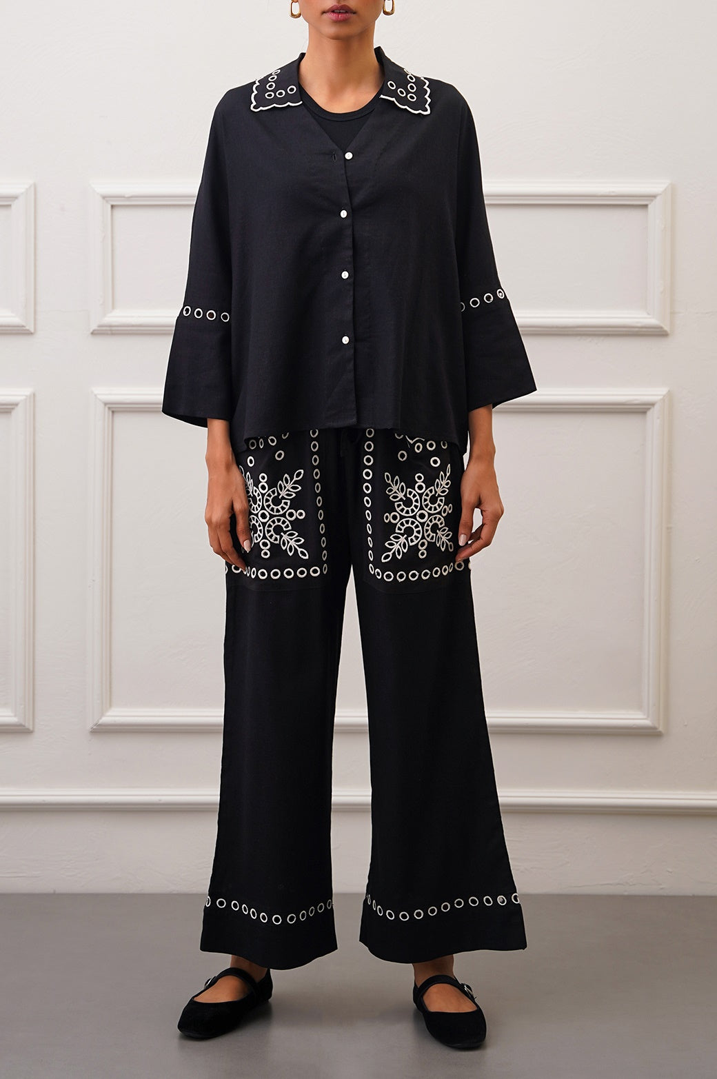 BLACK EMBROIDERED OPEN WORK BUTTON DOWN SHIRT