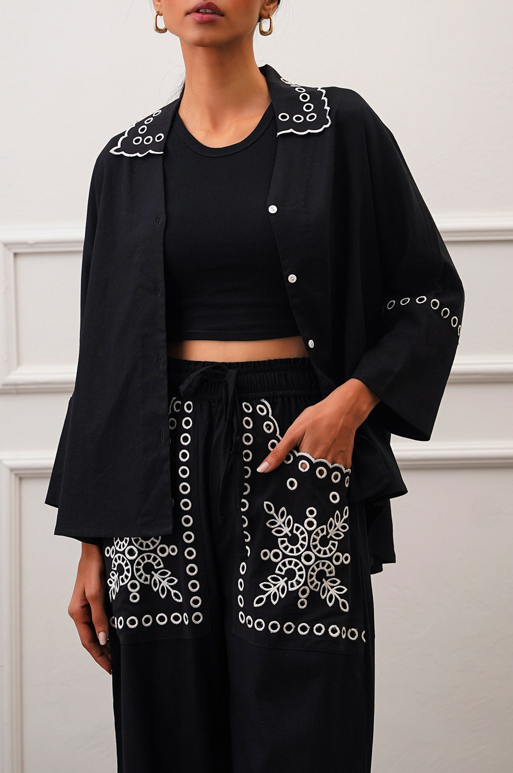 BLACK EMBROIDERED OPEN WORK BUTTON DOWN SHIRT