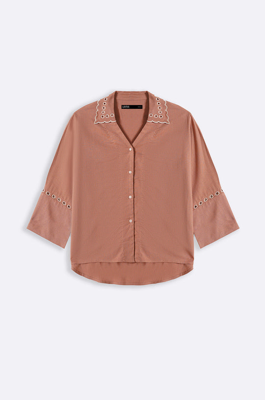 ITALIAN CLAY EMBROIDERED OPEN WORK BUTTON DOWN SHIRT
